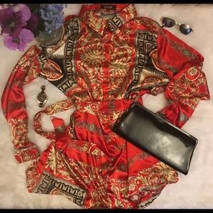 MISSPAP LONG SLEEVE DRESS: Red Print Shirt Dress